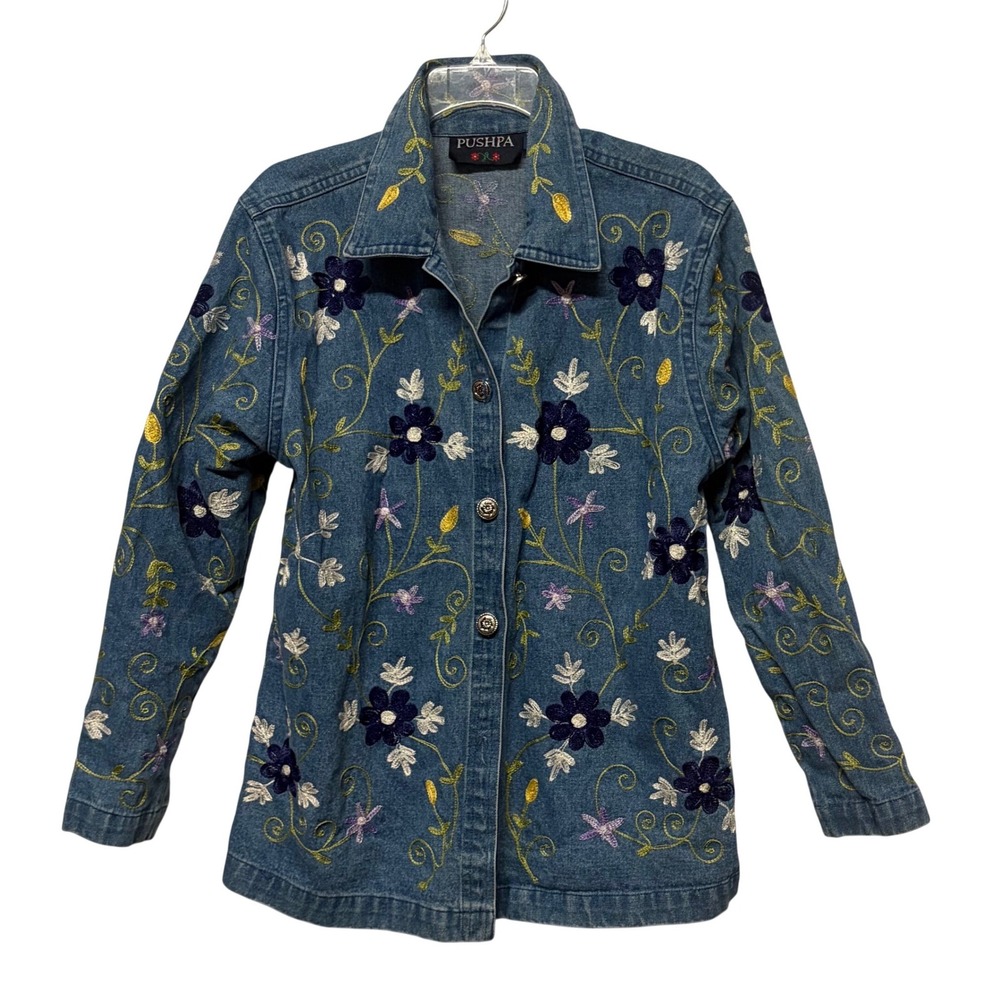 Pushpa Womens Blue Denim Floral Embroidered Button Front Jacket Size S‎ Vintage